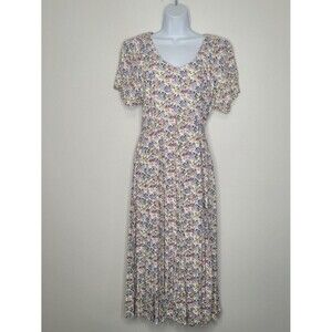 Vintage 90s Expo pink purple floral tie back tradwife modest midi dress size 10